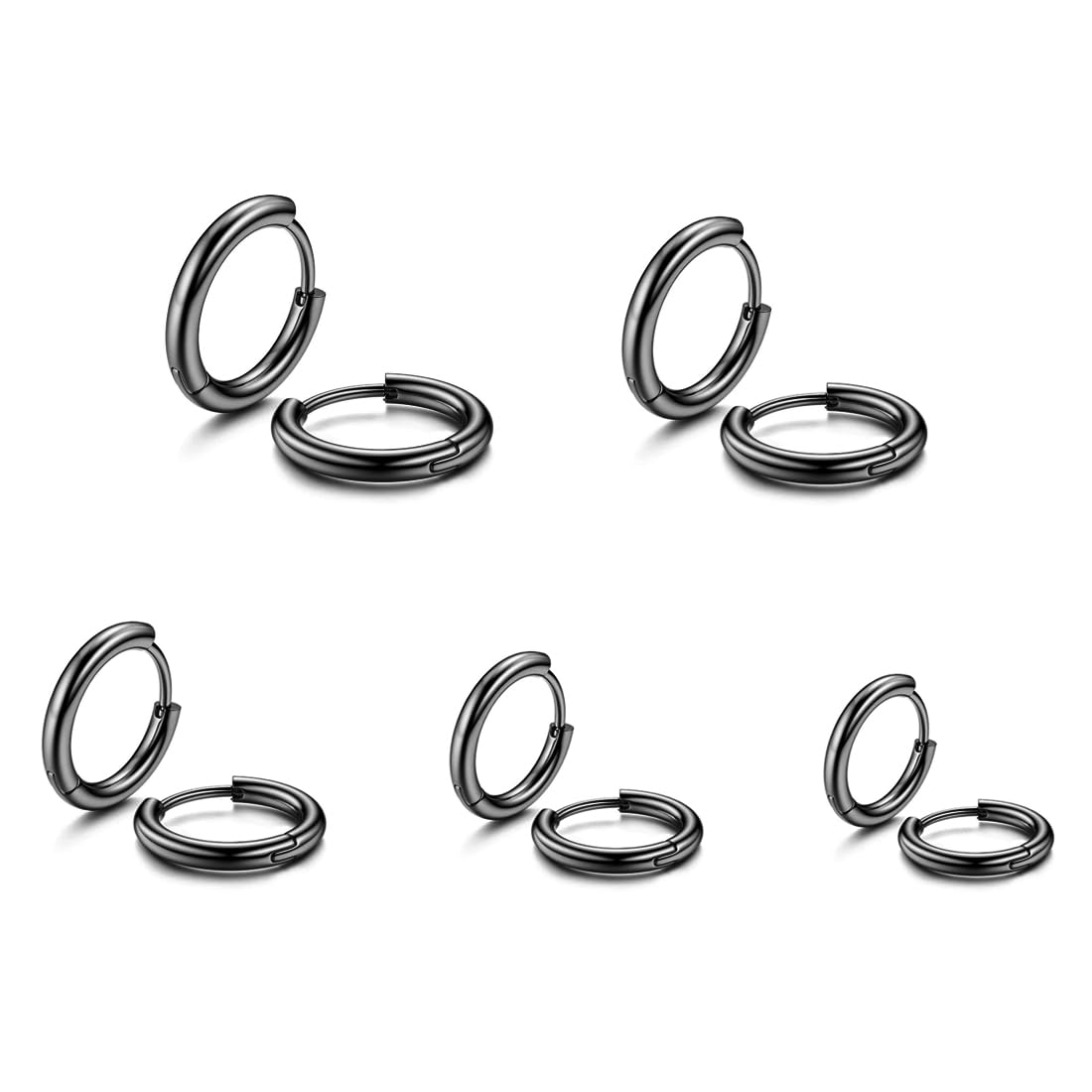 GNALIA5 pendientes de aro, de acero inoxidable para hombre y mujer, juego de pendientes de pequeños de 8 mm a 16 mm(negro)