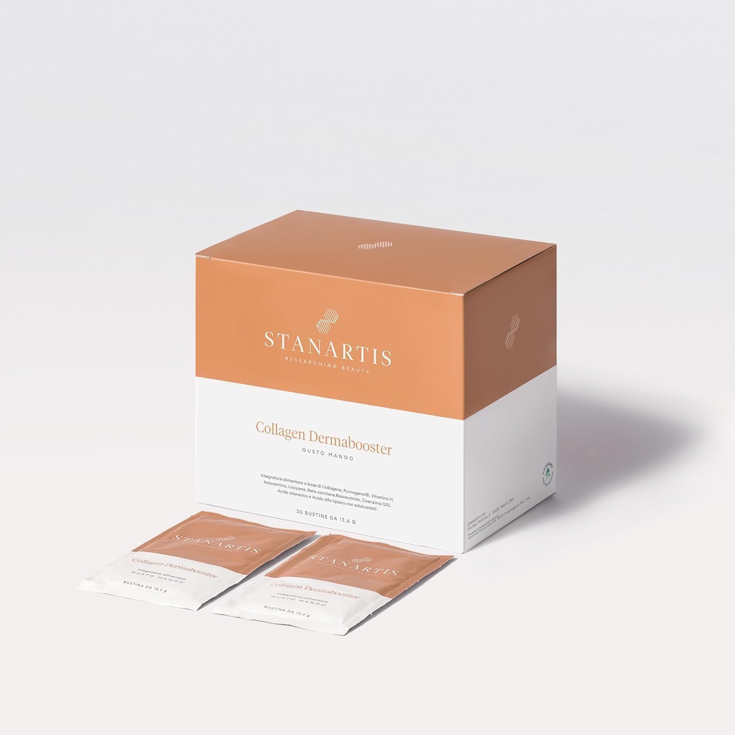 Stanartis - Integratore Collagene Marino con Acido Ialuronico, Q10, Vitamine e Minerali, Idratante e Antietà - 30 Bustine - Gusto Mango