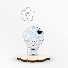 Baby Shower Photo Frame Hot Air Balloon Baby Boy Birth and Christening with Metal Clip Made in Italy by Ornament on Wooden Cloud Base