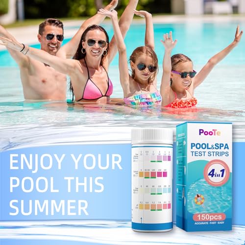 PooTe Hot Tub Test Strips - 4-1 Pool Test Strips - 150 Spa Test Strips - Pool Test Kit Accurate Quick Testing pH Free Chlorine(Bromine) Total Alkalinity & Cyanuric Acid