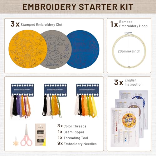 Image of XM-GENYUE 3 Sets Festival Pattern Embroidery Kit with Embroidery Hoop, Easy Hand Embroidery Kit for Beginners and Adults, Full Embroidery Hoop Kit with Needles and Thread Included