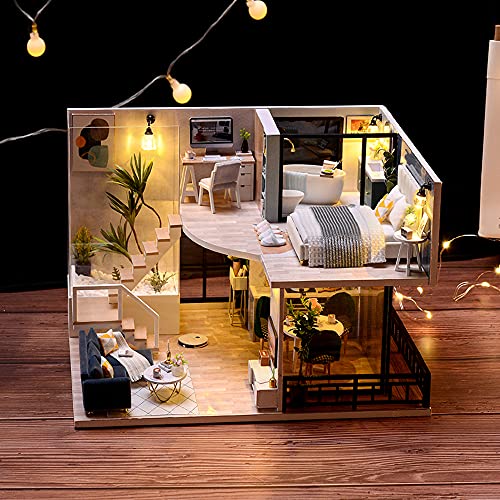 Image of TuKIIE DIY Miniature Dollhouse Kit with Furniture, 1:24 Scale Creative Room Mini Wooden Doll House Accessories Plus Dust Proof & Music Movement for Kids Teens Adults(Satisfied Time)