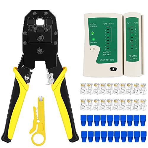 RJ45 Crimp Tool kit, Cat5 Cat5e Crimp Tool Set, RJ45 Crimping tool With 20PCS Cat5 RJ45 Connectors, 20PCS Strain Relief Boots, 1 Mini Wire Stripper and 1 RJ45 Cable Tester(9V Battery Not Included)