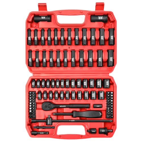 WIILDIS 99 PCS 1/4 inch Drive Impact Socket Set, SAE(5/32-9/16 inch)& Metric (4-15mm),72-Tooth Ratchet Wrench, Extension Bars, CR-V Steel Deep&Shallow Kit, Screwdriver Bits for Automotive Repair