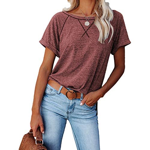 Ayreus Womens Short Sleeve Shirts Crewneck Casual T Shirts Plus Size Tops Loose Fit Raglan Summer Tshirts Tees(1-Dark Red,Small) #TOP2