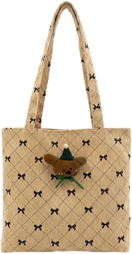 Colorful Corduroy Tote Bag with Dog Bear Brooch Bowknot Shoulder Bag for Girl Teen Japanese-Style Women's Handbag