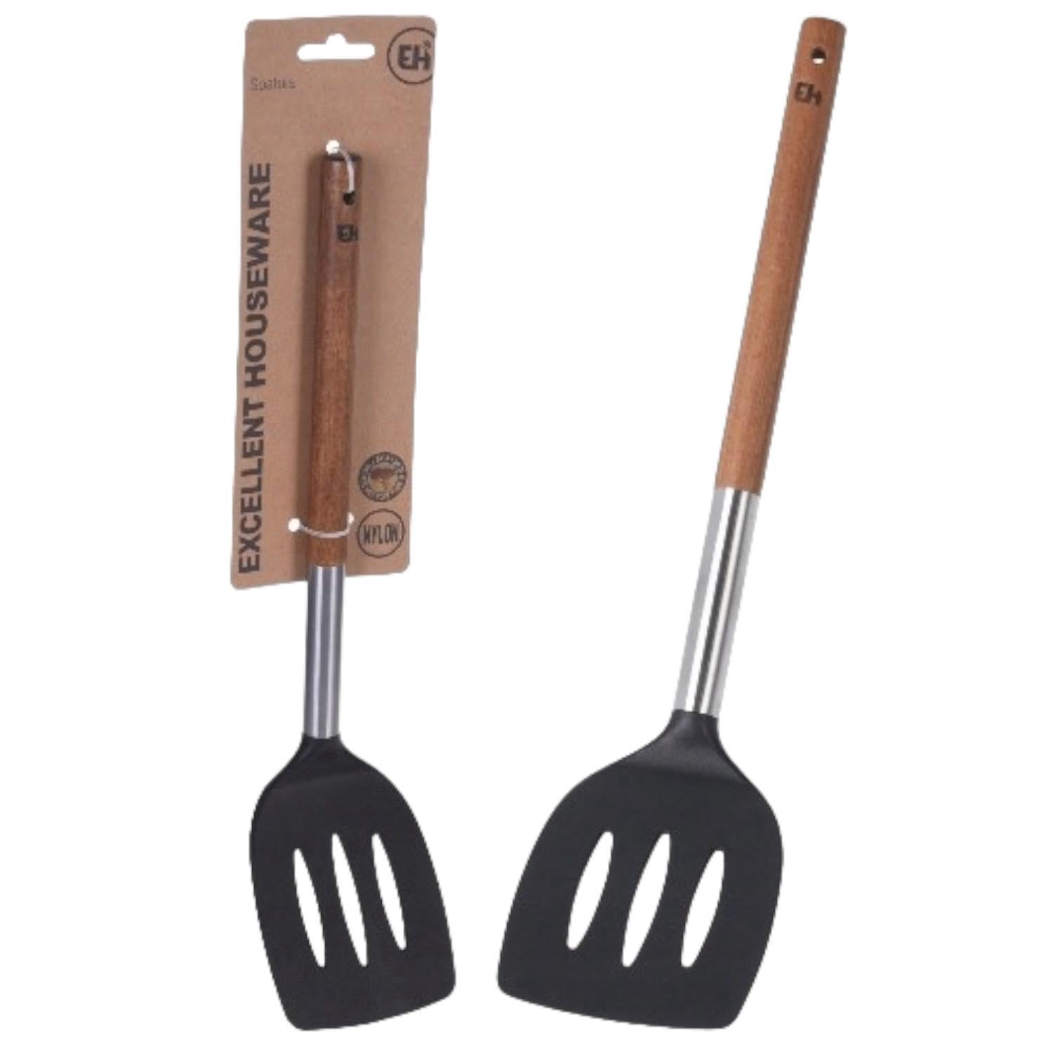 Espátula de cocina de madera, mango largo, cabeza de silicona antiadherente, 30 cm