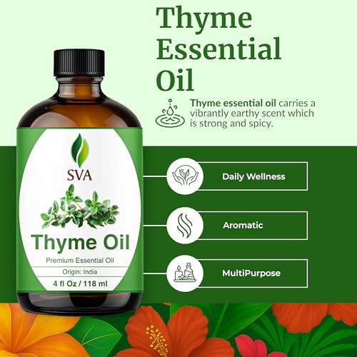 Image of SVA Thyme Essential Oil 4 Fl Oz - for Diffuser, Skin & Hair Care - Ideal for Massage & DIY Blends - with Dropper
