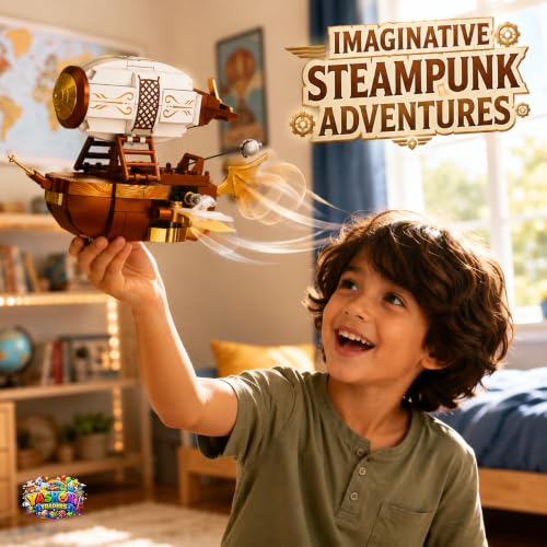 Image of Yashoni Airship Building Blocks Set - 185 Pcs Steampunk 2-in-1 Model Kit | Pull String Propeller Action, STEM Construction Toy for Kids 6+ Boys & Girls | Educational 3D Building Kit, Gift
