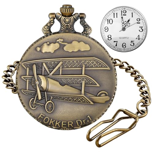 Tiong Bronze Vintage Style Men's Pocket Watch with Old-Fashioned Airplane Design, White Arabic Numeral Dial ，Suitable for Any Occasion