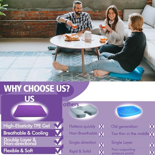 Image of Purple Gel Seat Cushion, 19.7 inch Extra Large Double Thick Chair Cushions for Office Chair, Wheelchair, Car Seat, Couch, Stadium Seat Cushion for Tailbone Pain Relief, Cooling & Breathable Seat Cushions
