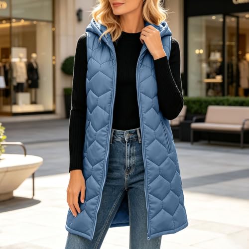 Houjibfa Long Puffer Vest Women Winter Hooded Sleeveless Coat With Pockets - image 7