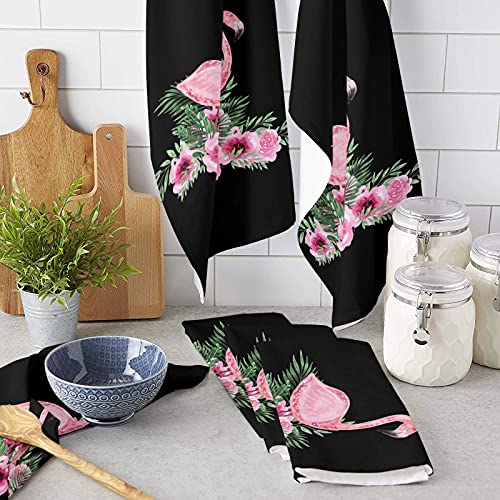 Kitchen Dishcloth Towels Set Lint Free Hand Towels Cleaning Cloths Flamingo With Tropical Garden Hibiscus Flower Plant Black Backdrop 4 Pack Absorbent Dish Drying Rags For Home Hotel (28X18 Inch) #TOP2
