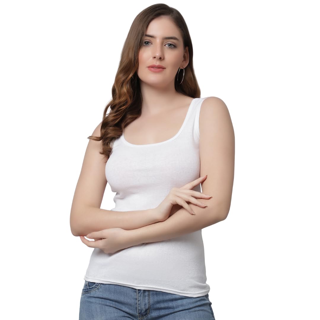 Women’s & Girls Cotton Tank Top | Round Neck Sleeveless Innerwear or Layering Top | Soft, Breathable Stretchable Fabric | Casual, Gym Comfort | White Color