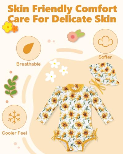 Image of ALVA Girls' One Piece Swimsuit with Hat, Baby Rash Guard Sets,Long Sleeve Zipper UPF 50+ Sun Protection Bathing Suit