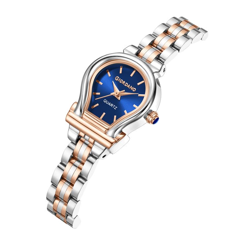 Image of Giordano Analog Quartz Watch for Women with Oval Dial, Water Drop Shaped Case, Blue Crown, Stainless Steel Strap - GZ-60155