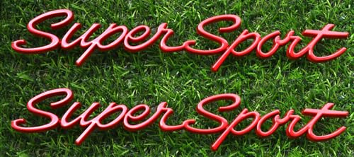 Image of 2Pcs Script Super Sport Emblems 3D Front Side Badge Nameplate Letter Compatible with Chevy Impala SS 1965 1966 (Red)