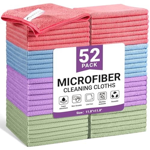 Image of SIFANGKE Microfiber Cleaning Cloth, 52 Pack Assorted Color Cleaning Rags for Housekeeping, Colorful Reusable Microfiber Towels for Car, Kitchen, Bathroom and Household Cleaning Supplies, 11.8 inchX11.8 inch