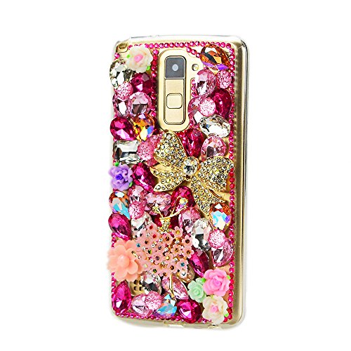 Stenes Lg G Stylo 2 Case Luxurious Series 3d Handmade Sparkly Crystal Bling Cover Hybrid Drop Bumper Protection Case With Retro Bows Anti Dust Plug Bowknot Flowers Dance Girl Flowers Red Wantitall
