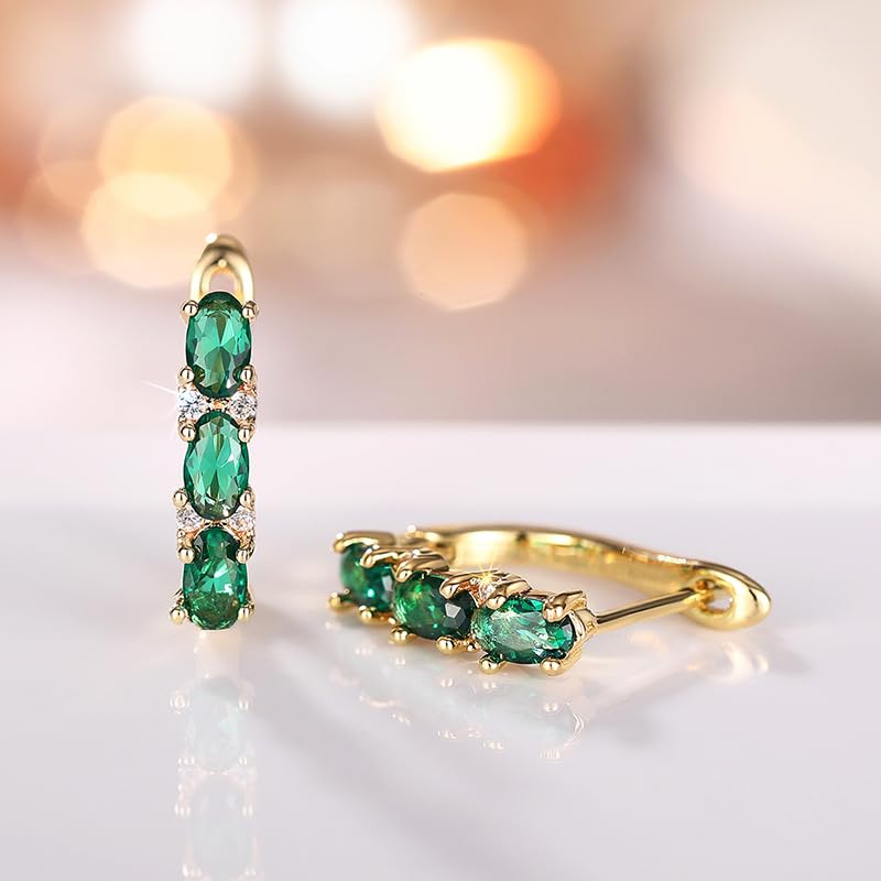 Small U Shaped Hoop Earrings for Women 14k Gold Plated Huggie Earring Princess Cut Oval Simulation Moissanite Emerald Birthstone Wedding Thin Earrings Jewelry Gifts3