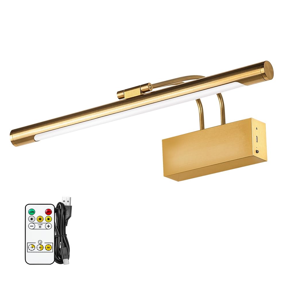 WAMBLZ Battery Operated Picture Light for Wall 16 inch Wireless Art Lighting Brass Painting Light Gold Dimmable Gallery Lights Rechargeable Picture Frame Light with IR Remote Control