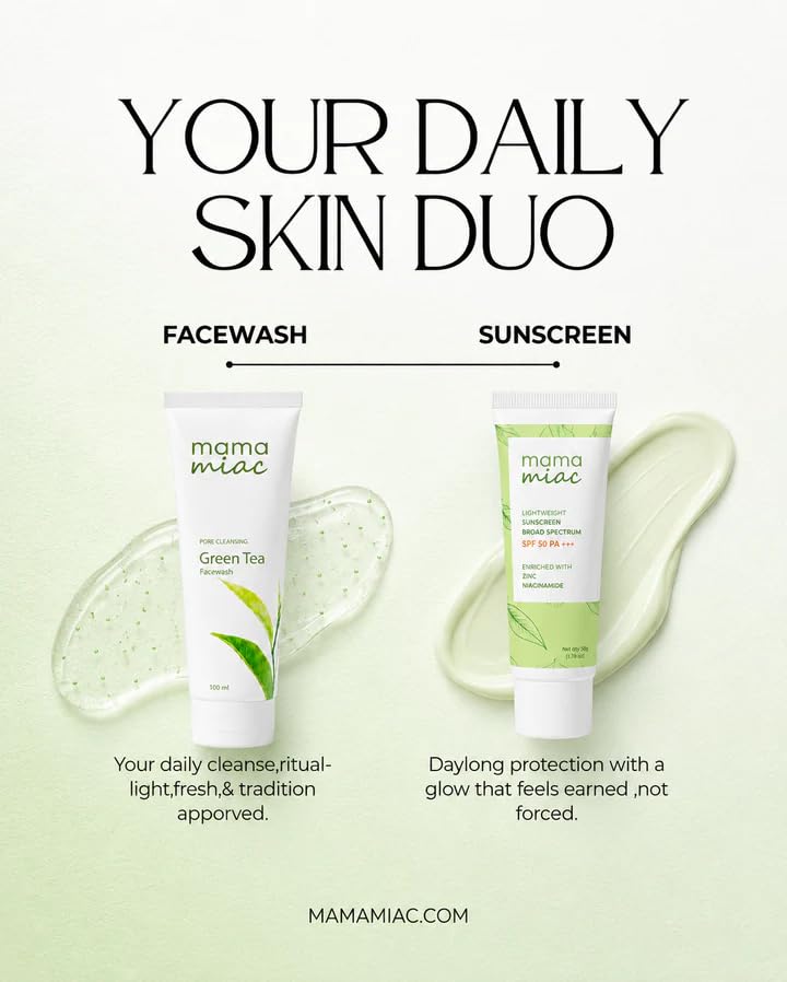 Image of MAMAMIAC Green Tea Sunscreen - 50ml & Green Tea Facewash -100ml Combo | For All Skin Types, SPF 50+ Broad Spectrum UVA /UVB