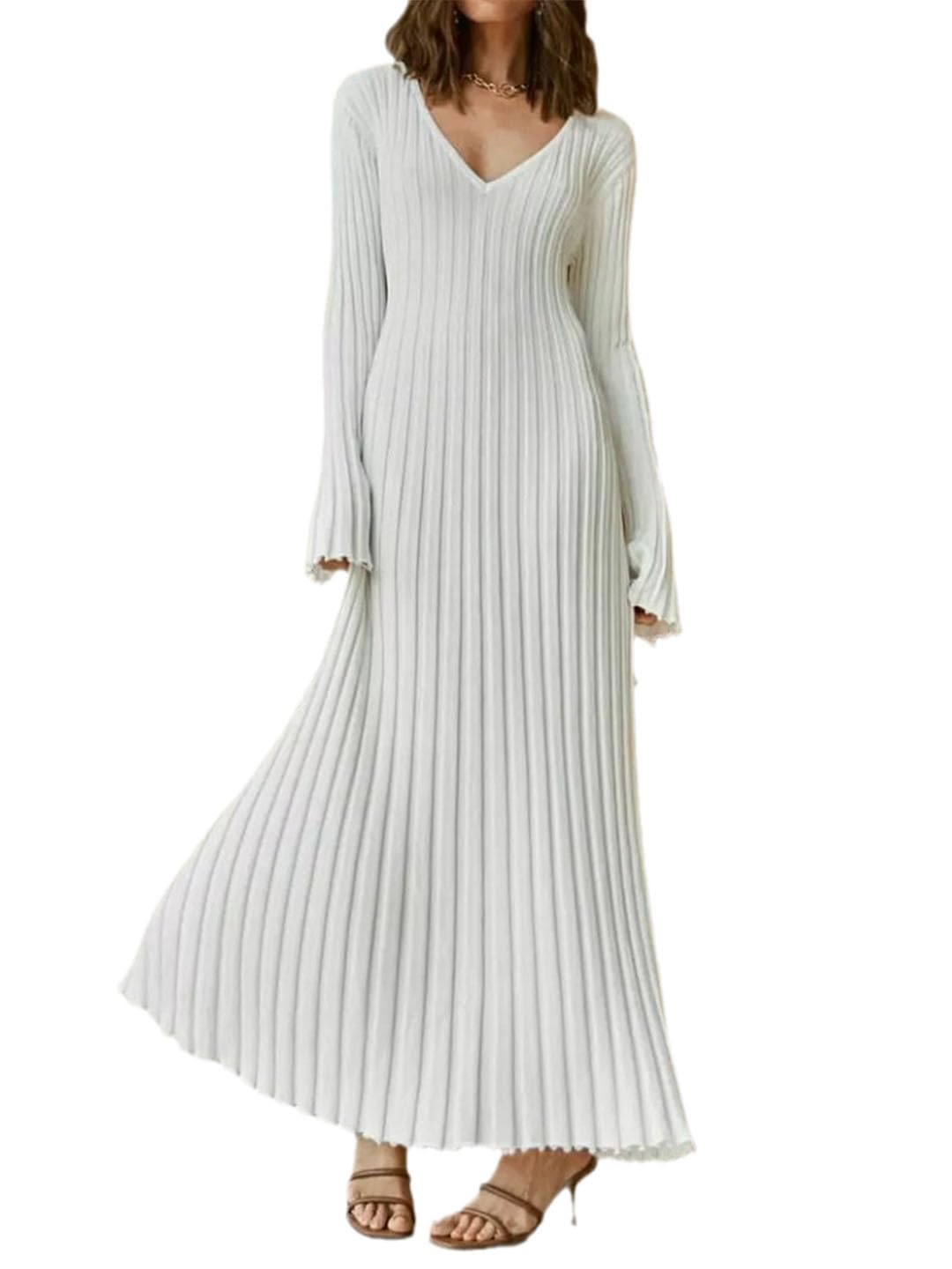 Vestido Maxi De Punto De Manga Larga con Cuello En V para Mujer
