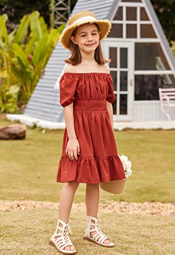Arshiner Girls Tie Back Short Sleeve Ruffle Hem Off Shoulder Casual Elegant Dresses 4-12 Years4