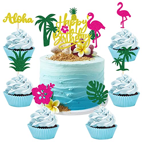 25 Pezzi Flamingo Cake Toppers Hawaiane Decorazione Torta Compleanno Fenicottero Cake Topper Decorazioni Torte per Tropical Hawaiian Luau Beach Matrimonio Compleanno Forniture per Feste a Tema