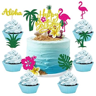 25 Piezas Decoracion Tartas Cumpleaños Hawaiana Happy Birthday Cake Toppers Flamenco Cupcake Topper Decoración Tartas para Tropical Hawaiian Luau Playa Boda Cumpleaños Fiesta Themed Party Supplies | Ya disponible en tu tienda friki favorita! En mundofriki.es!