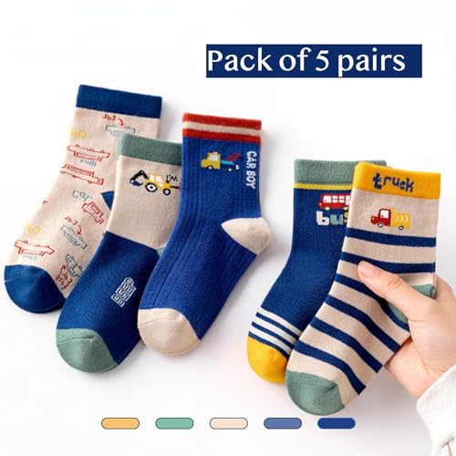 5 Pairs Spring & Summer Thin Cotton Mid-Calf Socks for Boys 1-16 Years Old, Cartoon Car Fashion Baby Kids Ankle Socks2