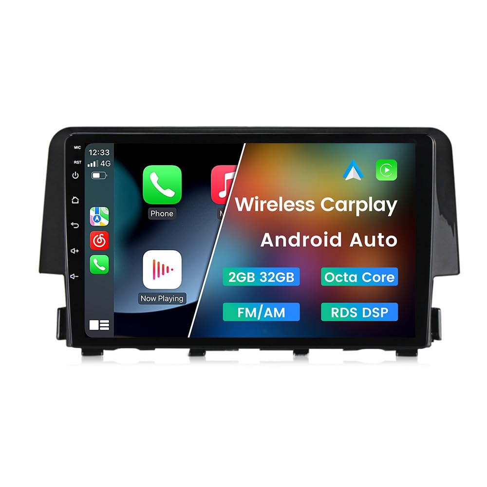 Android 12 Car Stereo for Honda Civic 2016 2017 2018 2019 2020 2021, 9 Inch Car Radio Octa Core Wireless Wired Car-Play Android Auto GPS Navi IPS FM AM RDS DSP Head Unit 2G RAM 32G ROM