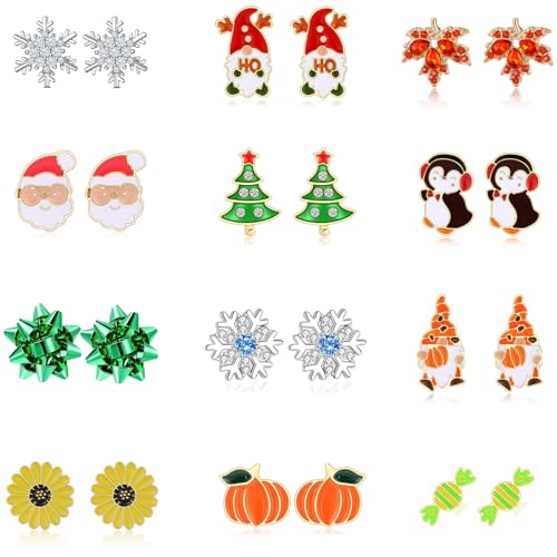 12 Pairs Hypoallergenic Christmas Thanksgiving Earrings Set for Girls Women Fall Pumpkin Maple Leaf Earrings Winter Snowflake Christmas Tree Cake Bow Penguin Gnome Earrings Stud Holiday Jewelry Gifts