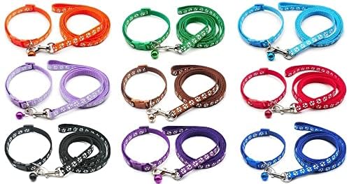Small Dog Puppy Pet Collar and Lead Set Pawprint Design Nylon Adjustable Size 19-32cm Collar with Bell and 120cm Leash Green - Image 5