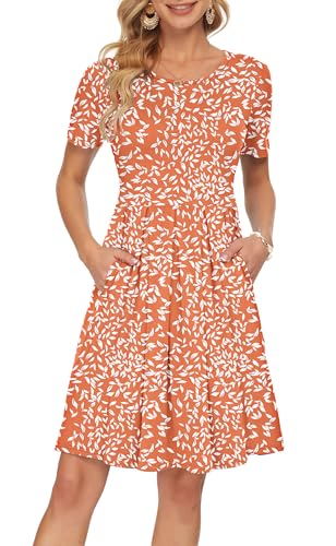 Image of AUSELILY Women's Short Sleeve Pleated Swing Summer Dress with Pockets | Knee-length short sleeve dress, empire waist & pockets, ideal for casual daily wear and vacation