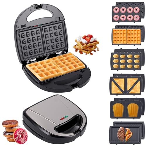 Listado de Gofreras los preferidos por los clientes. 44 Máquina de gofres 6 en 1, Con placas extraíbles, sandwichera antiadherente, máquina multifuncional para desayunos, para donuts, nueces y galletas