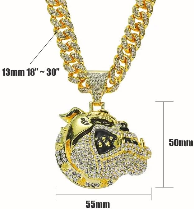 Bulldog Bull Dog Gold, Silver Plated Large Bling Pendant & 13mm 18" 20" 24" 30" Iced Cubic Zirconia Cuban Chain Hip Hop Jewelry Necklace Gift For Men, Women