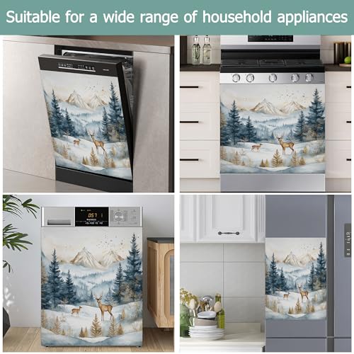 Image of Dishwasher Magnets Decorative Cover,Winter Mountain Refrigerator Magnet Cover,Washable Forest Deer Dishwasher Front Panel Cover Home Kitchen Decoration 23x26 Inch
