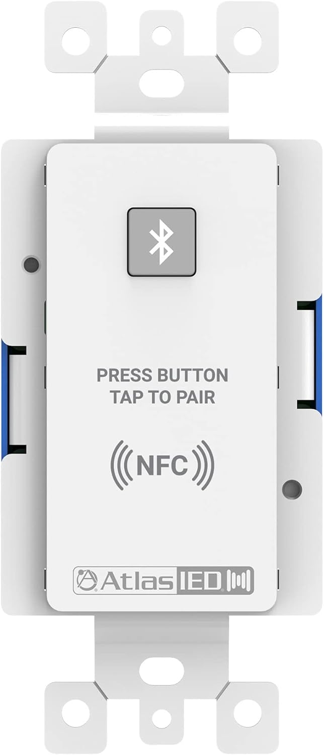 Front view of AtlasIED A-BT Bluetooth wall plate with mounting tabs