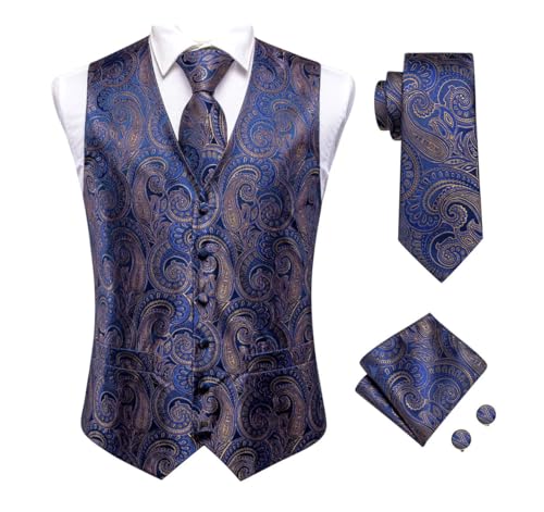 Men's Classic Paisley Vest and Tie Set 4Pcs Waistcoat Cufflinks for Formal Events