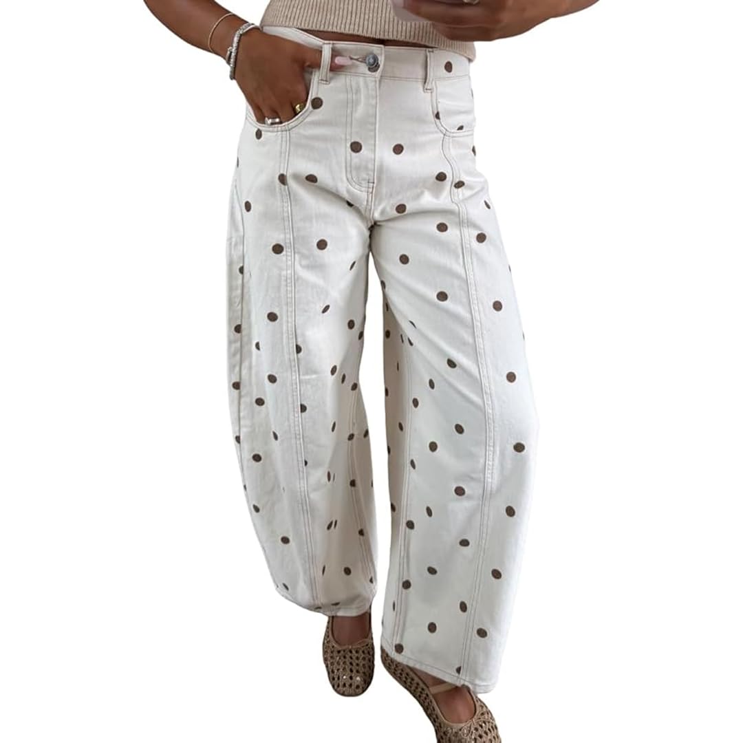 Womens Barrel Jeans Polka Dot Print Mid Waist Wide Leg Baggy Denim Ankle Pants Boyfriend Jeans
