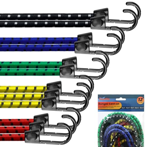 Bungee Cords with Hooks 12pcs Heavy Duty Bungee Straps for Caravan Camping RVs Trunks Camping Gear Tarps Garden Furniture Trailers DIY & Outdoor Storage