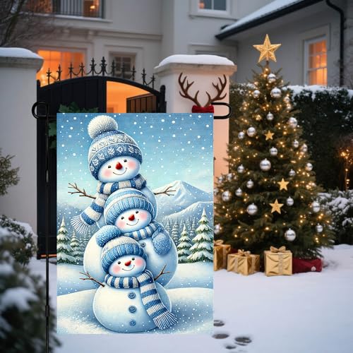 Image of BlissYard Garden Flag Blue Snowmen Winter 12x18 Inch Polyester