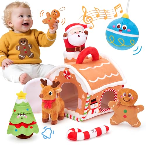hahaland Weihnachts Plüschtiere Baby Spielzeug 6–12 Monate, Nikolaus Geschenk Spielzeug 6 Monate,Christmas Kuscheltier mit Lebkuchenhaus Santa Elch Rassel,Baby Spielzeug ab 1 Jahr