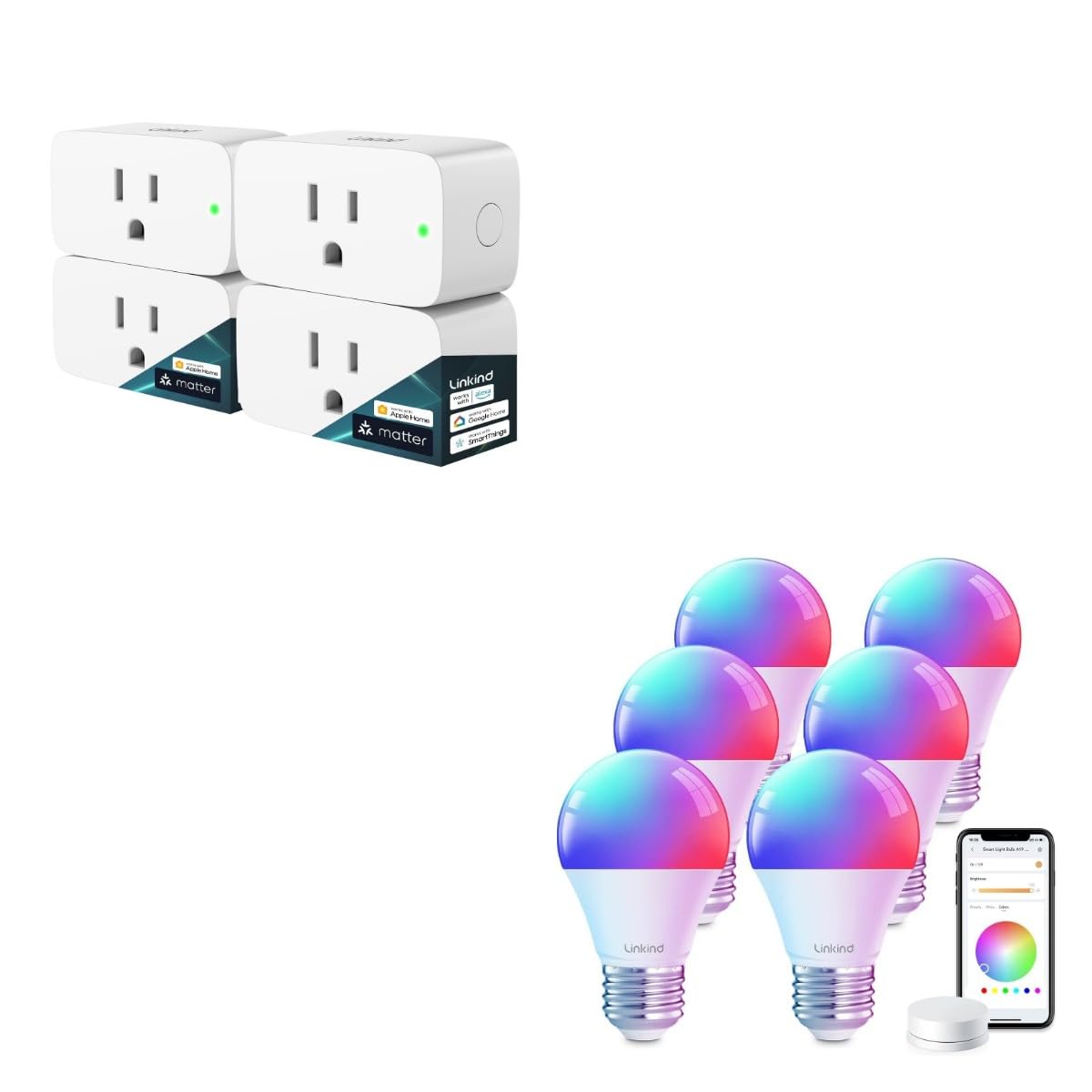 Smart Light Bulbs with Remote Control, Smart Bulb That Compatible with Alexa & Google Home bundel with Linkind Matter Smart Plug, Work with Apple Home, Siri, Alexa, Google Home, SmartThings