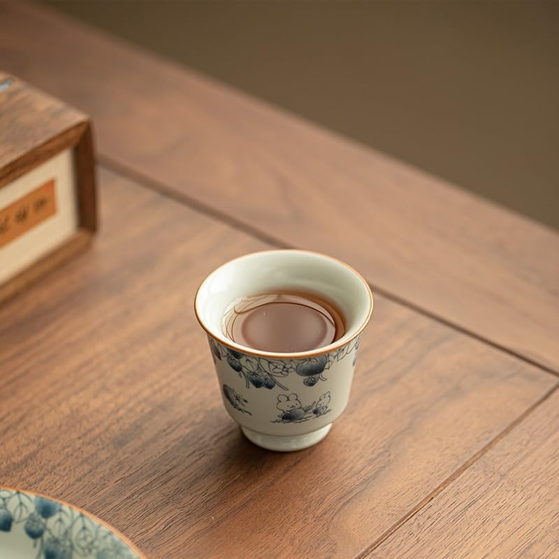 Tea Cup Ceramic Antique Glaze Handmade Blue and White Raspberry Rabbit Host Soaking Container
