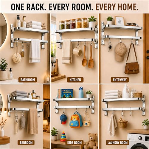 Image of Towel Rack for Bathroom 24 Inch Stainless Steel | Dual Folding Towel Holder Wall Mounted | Foldable Towel Stand, Towel Hanger, Bathroom Accessories for Home & Kitchen