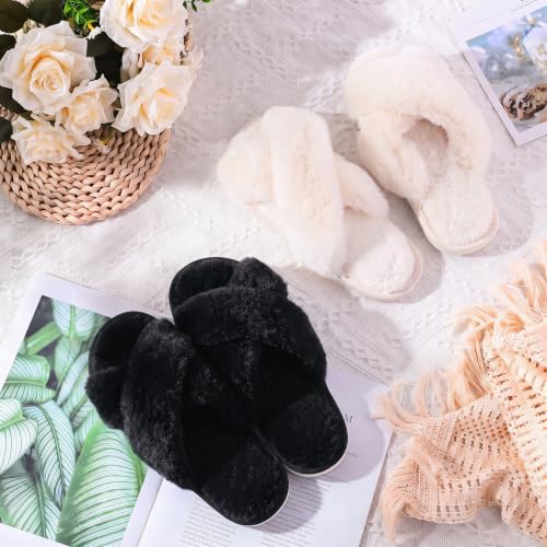 Image of 12 Pairs Women's Fuzzy Slippers Cross Band Open Toe Bridesmaid Fluffy Comfy House Slippers for Indoor Outdoor Wedding