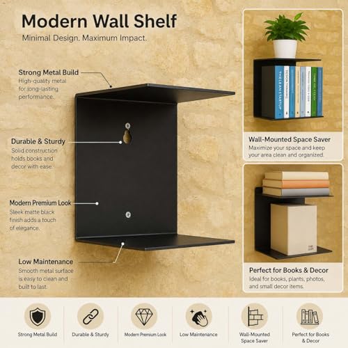Image of Go Hooked Heavy Duty Metal Wall Mounted Book Shelves for Study Room, Living Room and Bedrooms (2 Pcs) (Black)