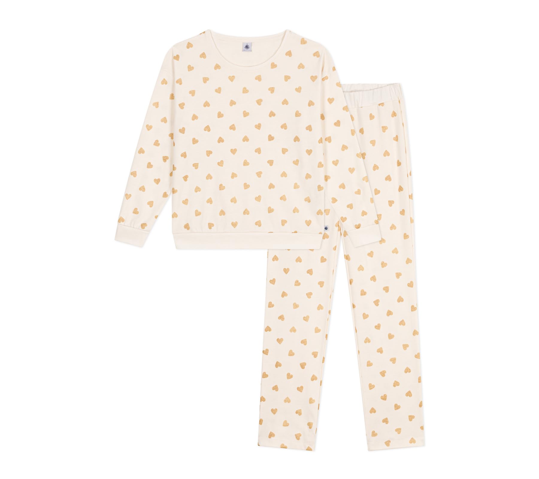 Petit Bateau Women's Cotton Pyjamas with Gold Hearts Print, Milk/Golden, XL